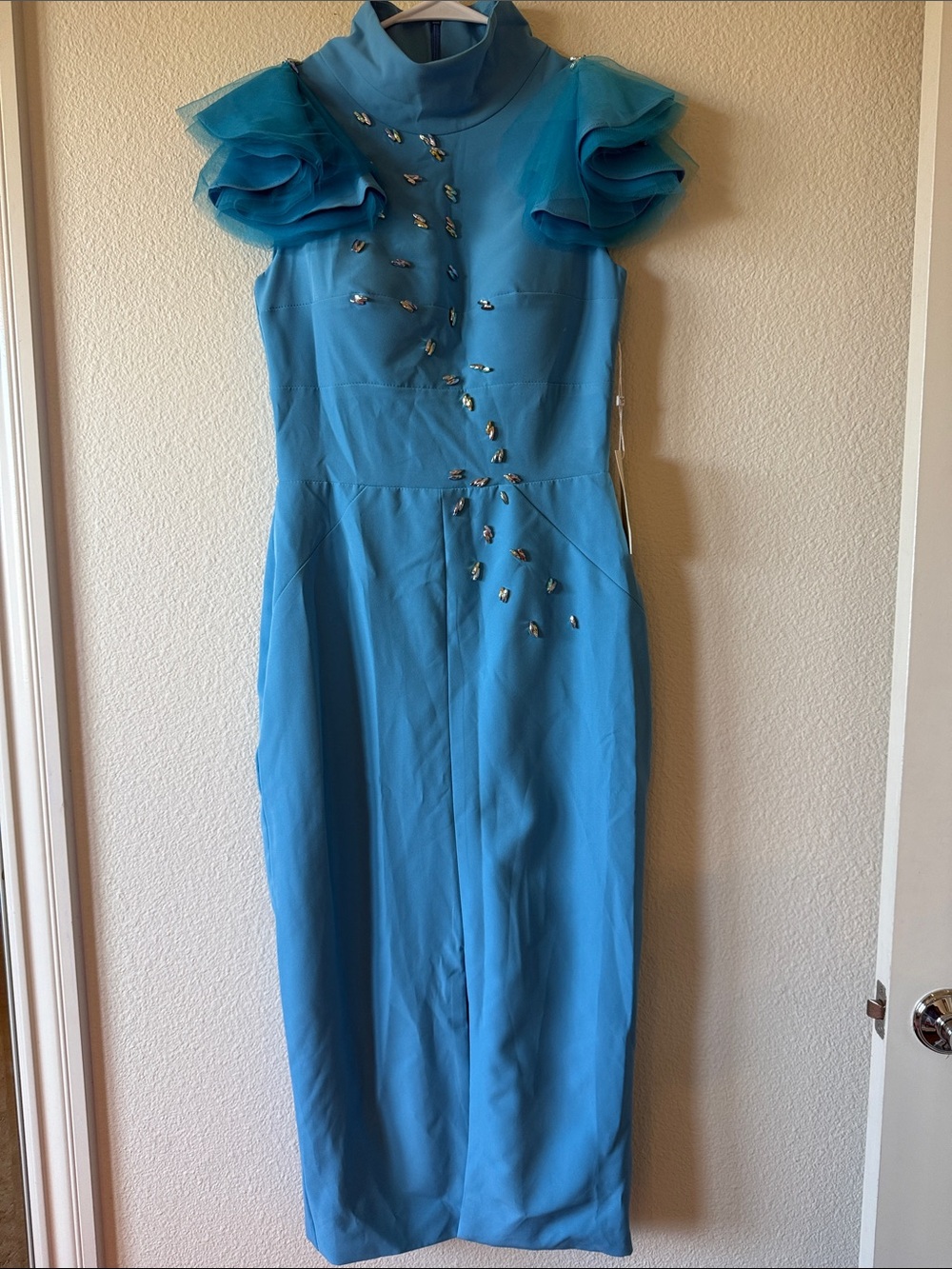 Turquoise Midi Dress with Ruffled Cap Sleeves and Embellished Front